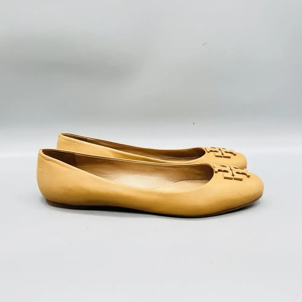 Tory Burch Shoes Womens 11 Beige Leather Medallion Ballet Flats Slip On Casual